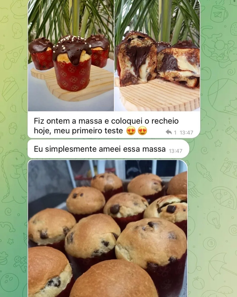 Aluna mostra no WhatsApp o primeiro teste da massa com recheio