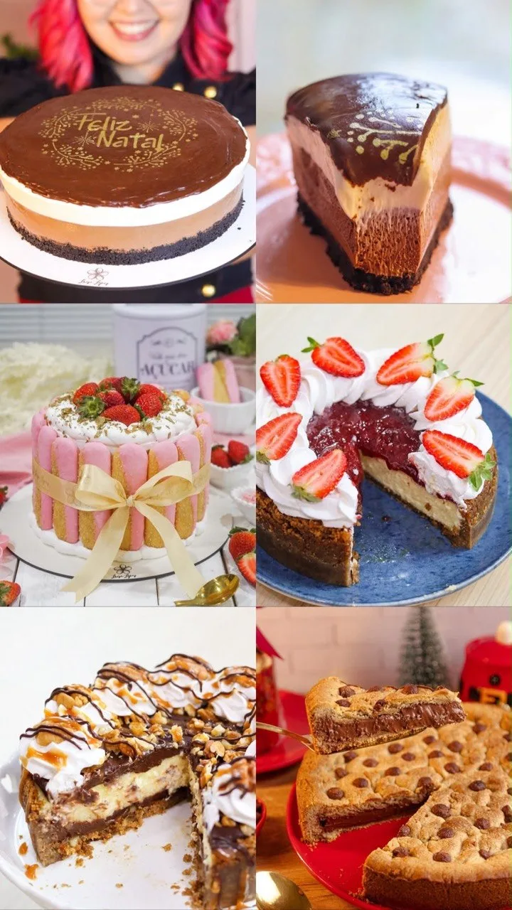 Tortas do curso Divinas Tortas: torta de Natal de chocolate, torta de morango com champanhe, cheesecake de frutas vermelhas, torta com amendoim e caramelo e cookie gigante recheado